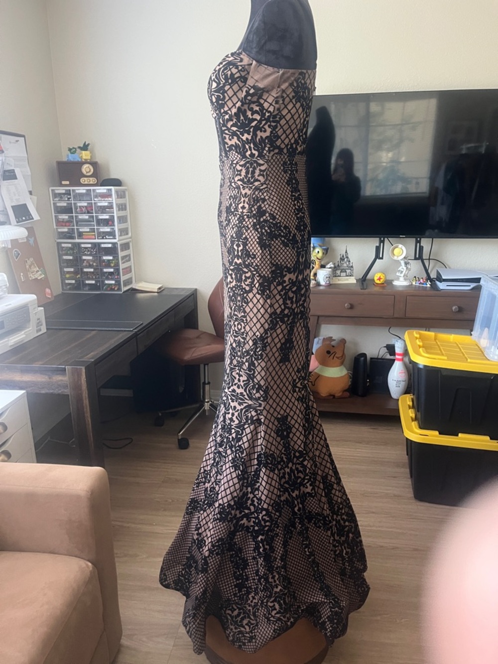 Windsor Black Lace Overlay Nude Mermaid Prom Dress - Picture 4 of 16